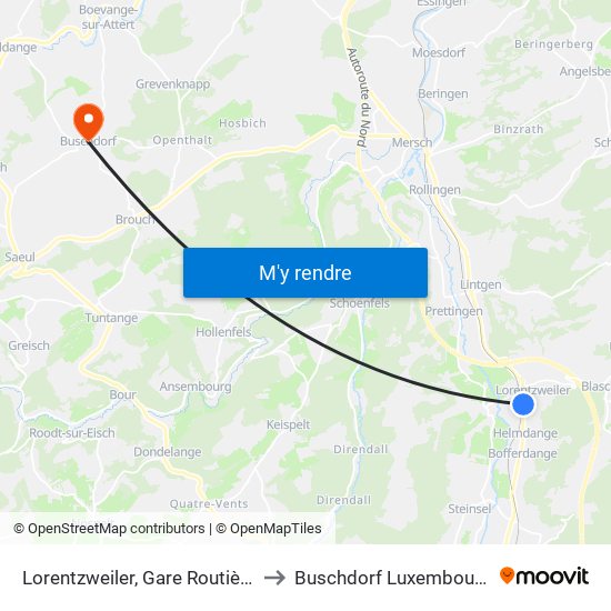 Lorentzweiler, Gare Routière to Buschdorf Luxembourg map