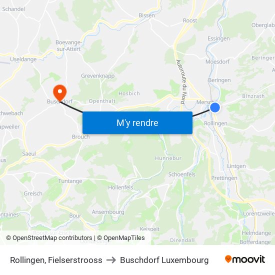 Rollingen, Fielserstrooss to Buschdorf Luxembourg map