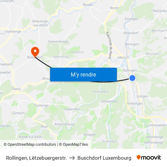 Rollingen, Lëtzebuergerstr. to Buschdorf Luxembourg map