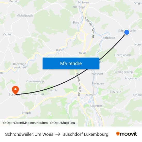 Schrondweiler, Um Woes to Buschdorf Luxembourg map