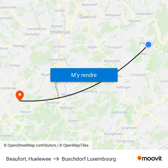 Beaufort, Huelewee to Buschdorf Luxembourg map