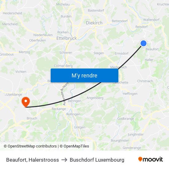 Beaufort, Halerstrooss to Buschdorf Luxembourg map