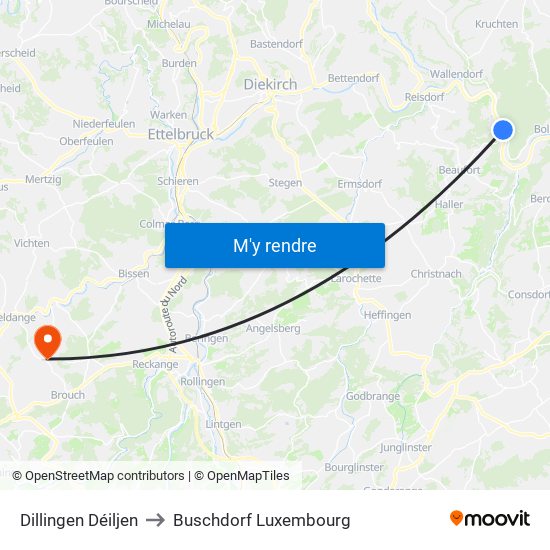 Dillingen Déiljen to Buschdorf Luxembourg map