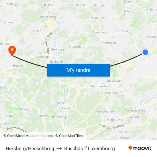 Hersberg/Heeschbreg to Buschdorf Luxembourg map