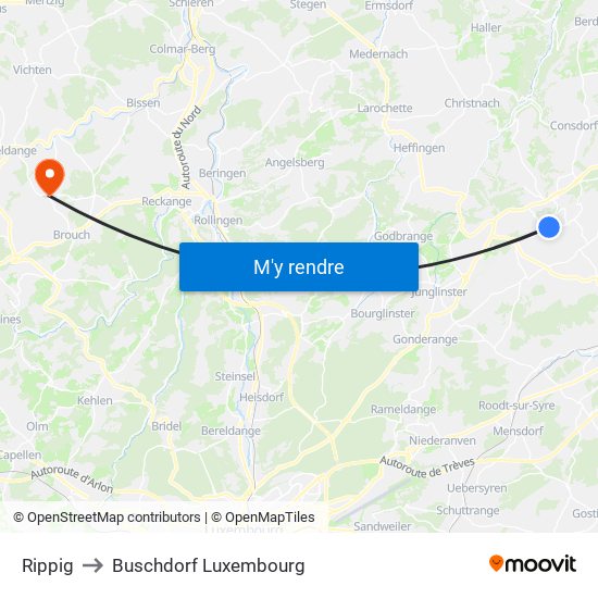 Rippig to Buschdorf Luxembourg map