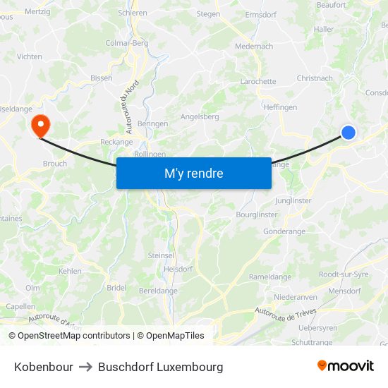 Kobenbour to Buschdorf Luxembourg map