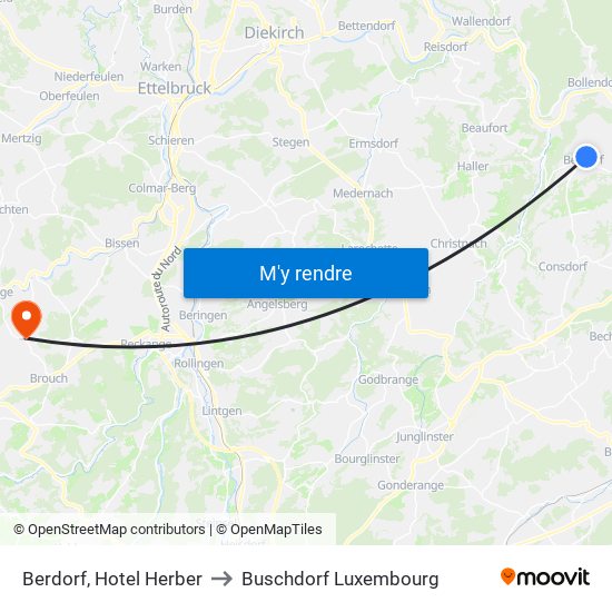 Berdorf, Hotel Herber to Buschdorf Luxembourg map