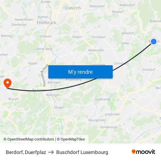 Berdorf, Duerfplaz to Buschdorf Luxembourg map