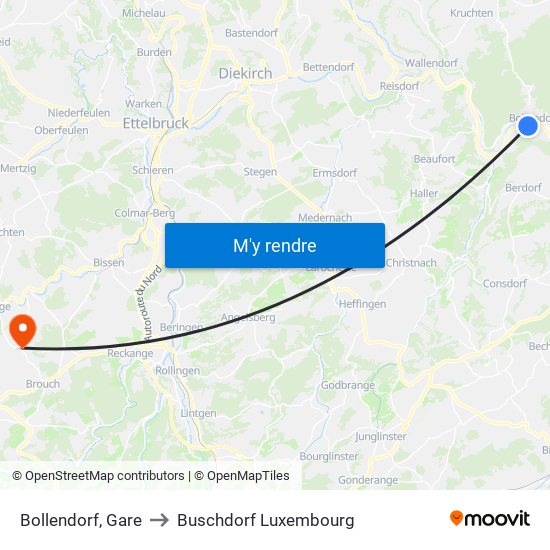 Bollendorf, Gare to Buschdorf Luxembourg map