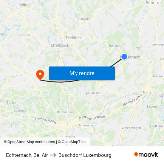 Echternach, Bel Air to Buschdorf Luxembourg map