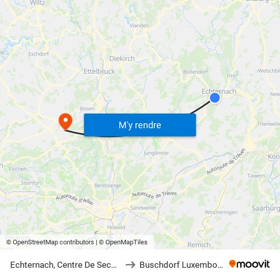 Echternach, Centre De Secours to Buschdorf Luxembourg map