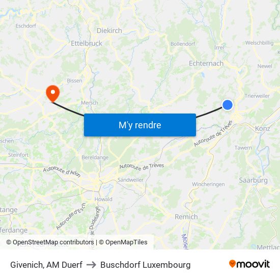 Givenich, AM Duerf to Buschdorf Luxembourg map