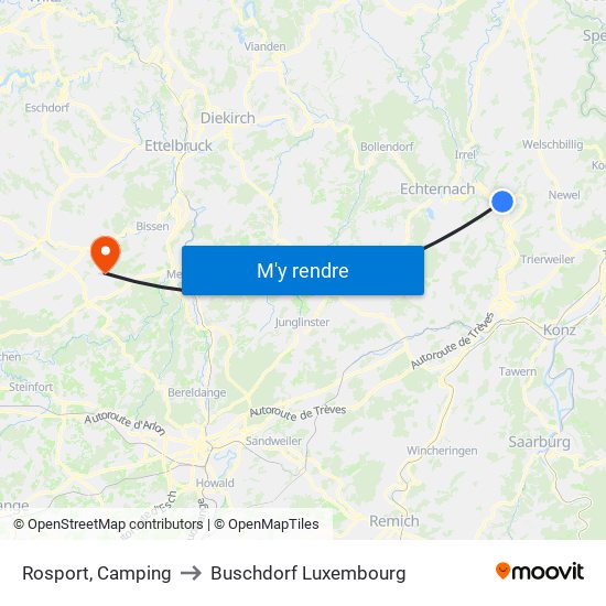 Rosport, Camping to Buschdorf Luxembourg map