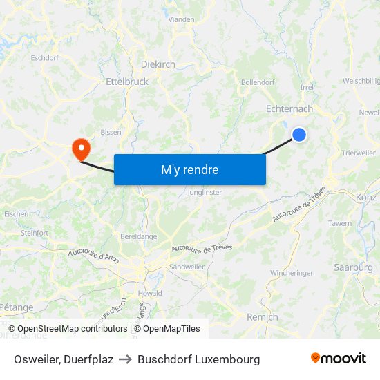 Osweiler, Duerfplaz to Buschdorf Luxembourg map