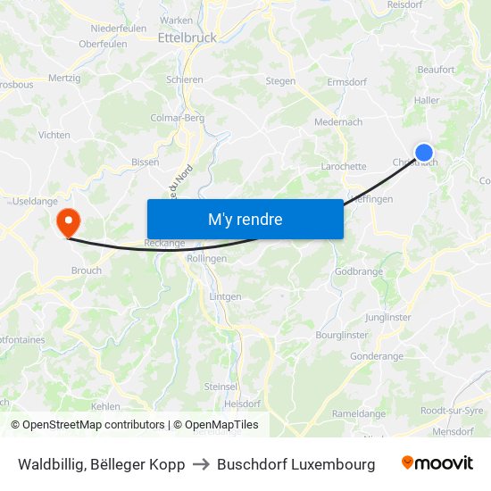 Waldbillig, Bëlleger Kopp to Buschdorf Luxembourg map