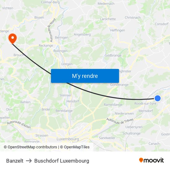 Banzelt to Buschdorf Luxembourg map