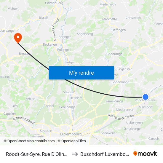 Roodt-Sur-Syre, Rue D'Olingen to Buschdorf Luxembourg map