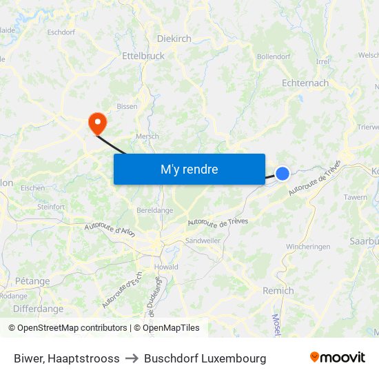 Biwer, Haaptstrooss to Buschdorf Luxembourg map