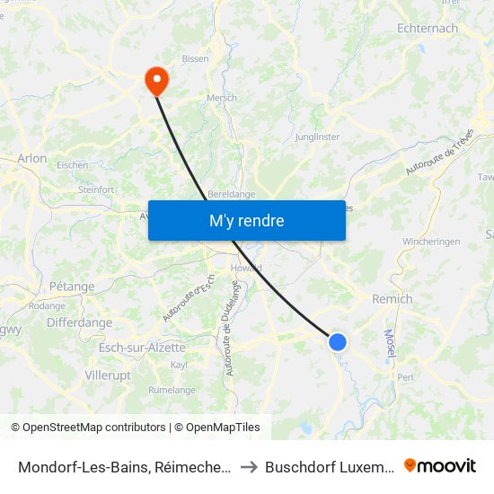 Mondorf-Les-Bains, Réimecherstrooss to Buschdorf Luxembourg map