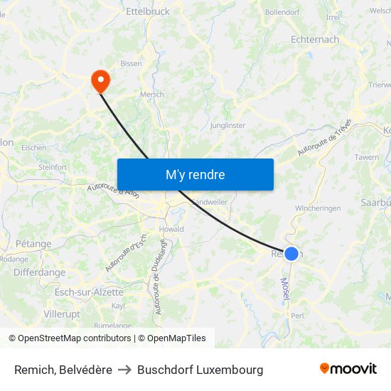 Remich, Belvédère to Buschdorf Luxembourg map