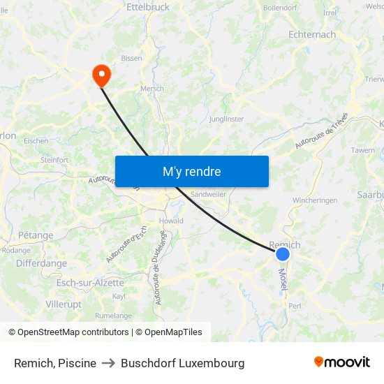 Remich, Piscine to Buschdorf Luxembourg map