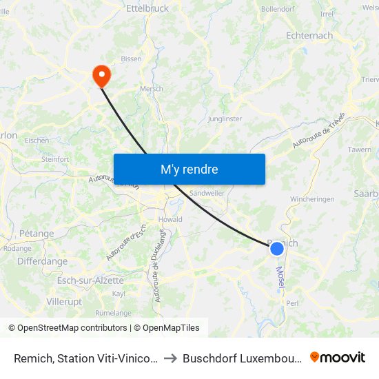 Remich, Station Viti-Vinicole to Buschdorf Luxembourg map