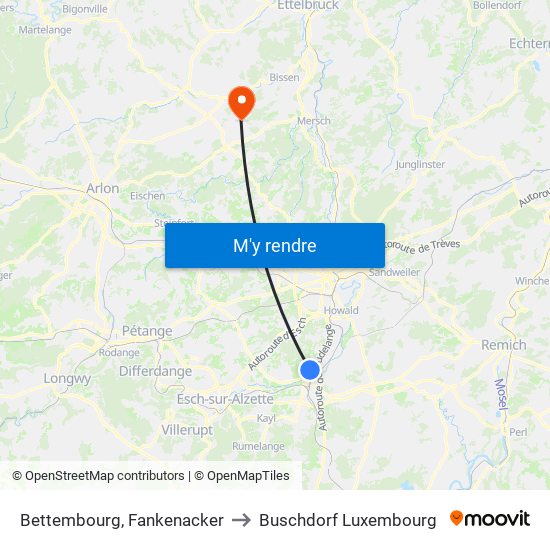 Bettembourg, Fankenacker to Buschdorf Luxembourg map
