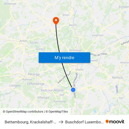 Bettembourg, Krackelshaff-P&T to Buschdorf Luxembourg map