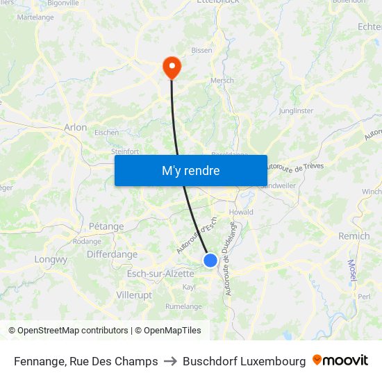 Fennange, Rue Des Champs to Buschdorf Luxembourg map