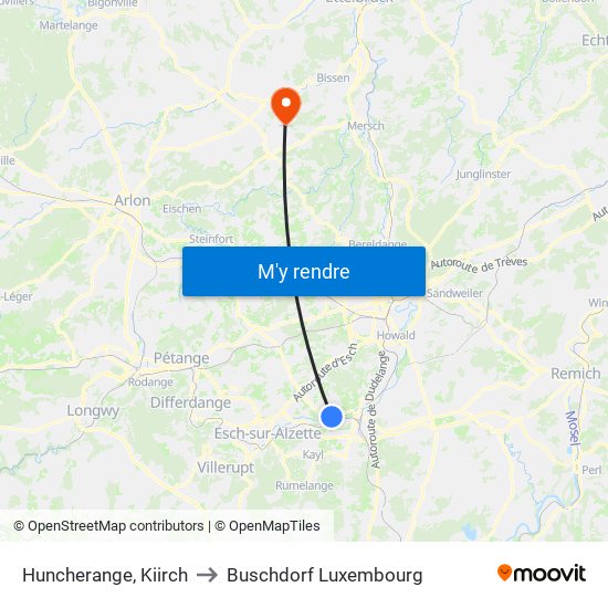 Huncherange, Kiirch to Buschdorf Luxembourg map