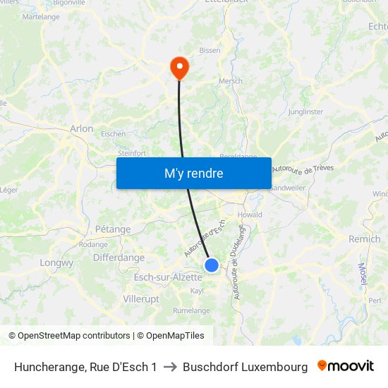 Huncherange, Rue D'Esch 1 to Buschdorf Luxembourg map