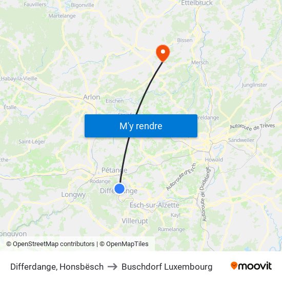 Differdange, Honsbësch to Buschdorf Luxembourg map