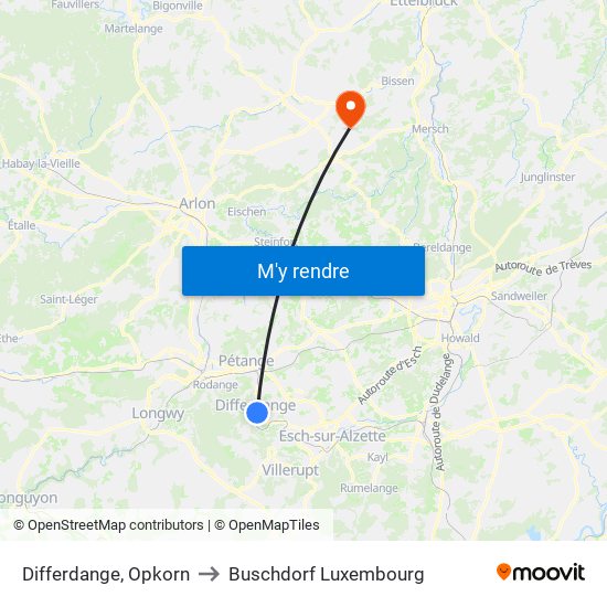 Differdange, Opkorn to Buschdorf Luxembourg map