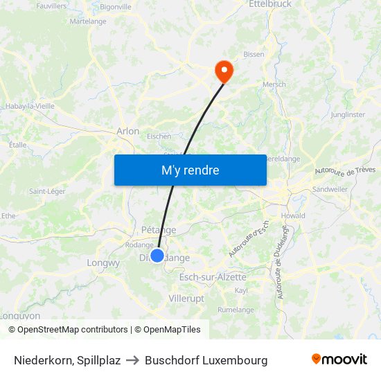 Niederkorn, Spillplaz to Buschdorf Luxembourg map