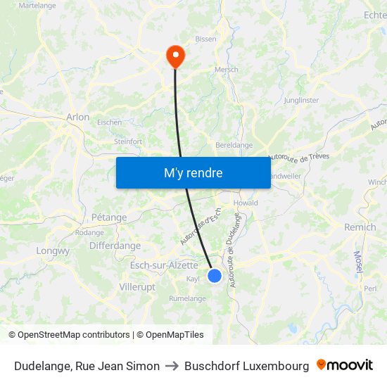 Dudelange, Rue Jean Simon to Buschdorf Luxembourg map