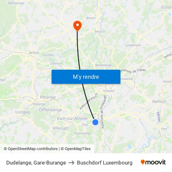 Dudelange, Gare-Burange to Buschdorf Luxembourg map