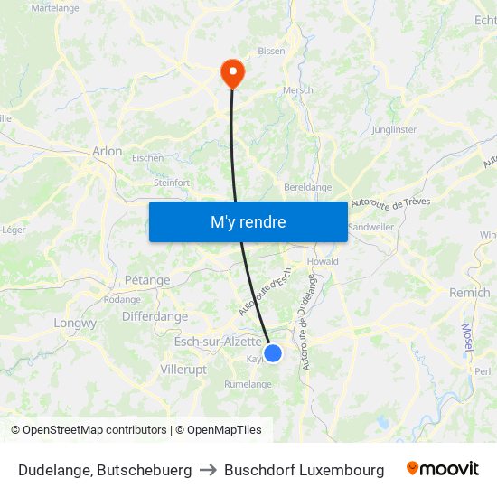 Dudelange, Butschebuerg to Buschdorf Luxembourg map