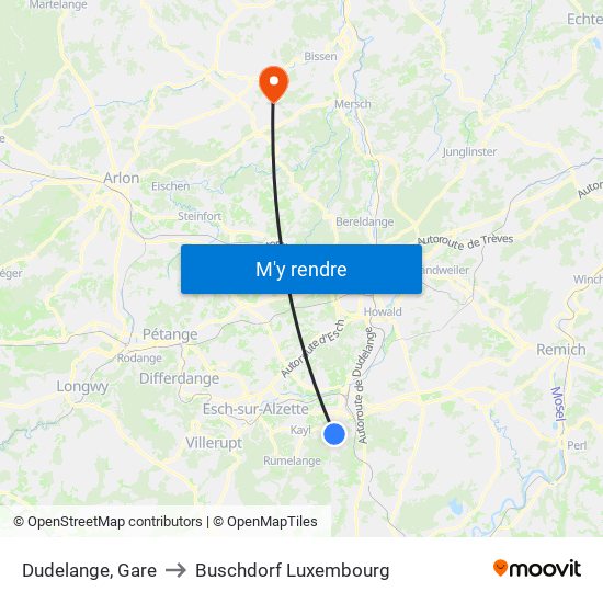 Dudelange, Gare to Buschdorf Luxembourg map