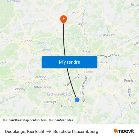 Dudelange, Kierfecht to Buschdorf Luxembourg map