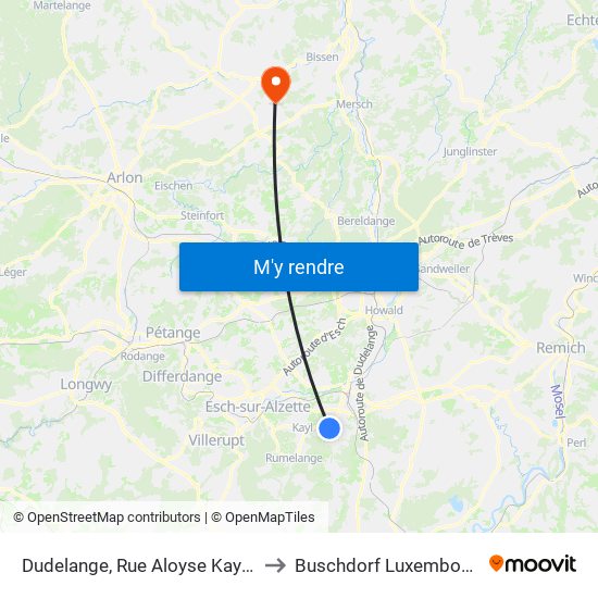 Dudelange, Rue Aloyse Kayser to Buschdorf Luxembourg map