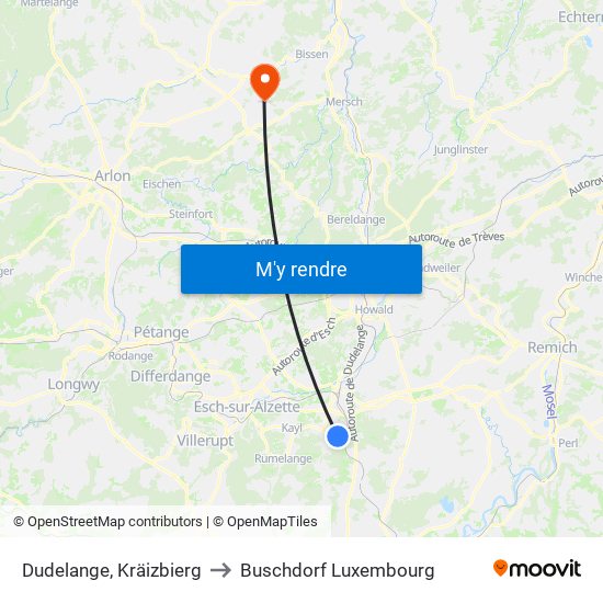 Dudelange, Kräizbierg to Buschdorf Luxembourg map
