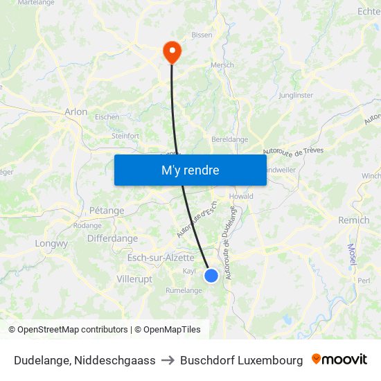 Dudelange, Niddeschgaass to Buschdorf Luxembourg map