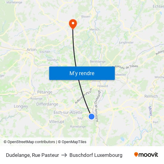 Dudelange, Rue Pasteur to Buschdorf Luxembourg map