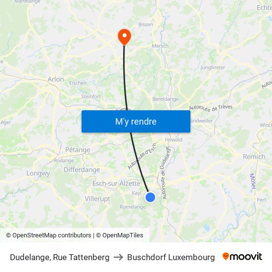 Dudelange, Rue Tattenberg to Buschdorf Luxembourg map