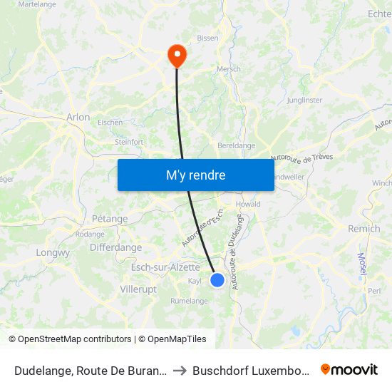 Dudelange, Route De Burange to Buschdorf Luxembourg map