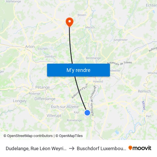 Dudelange, Rue Léon Weyrich to Buschdorf Luxembourg map