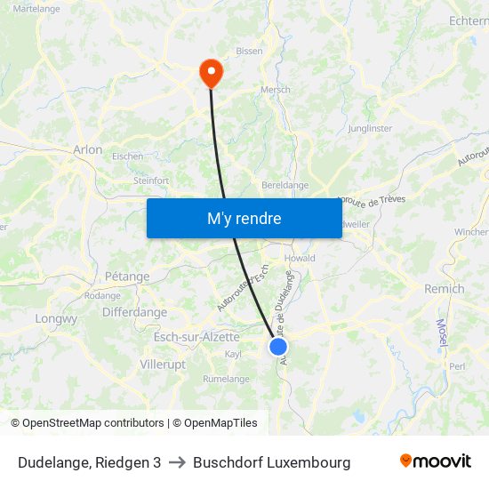 Dudelange, Riedgen 3 to Buschdorf Luxembourg map