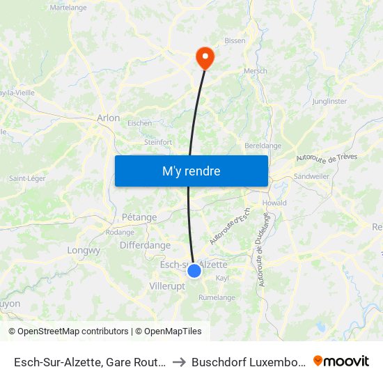 Esch-Sur-Alzette, Gare Routière to Buschdorf Luxembourg map