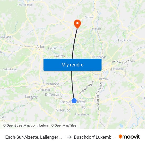 Esch-Sur-Alzette, Lallenger Kiirch to Buschdorf Luxembourg map