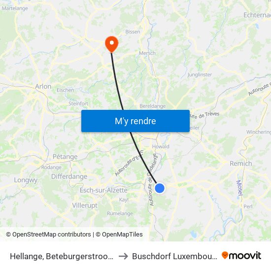 Hellange, Beteburgerstrooss to Buschdorf Luxembourg map